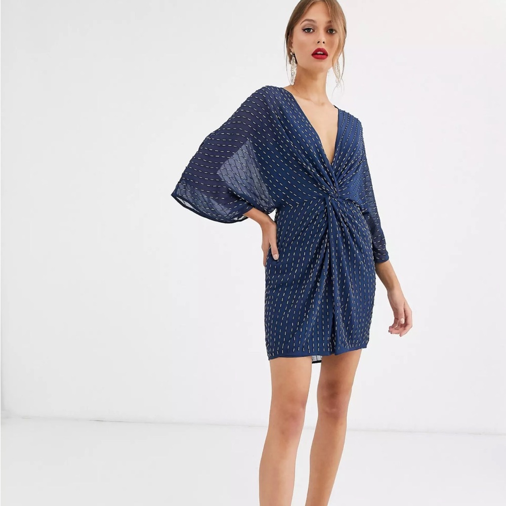 ASOS Navy blue short batwing sequin beaded dress with slip. US size 6 Never worn